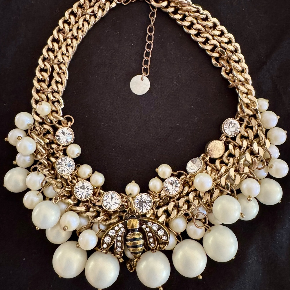 Elegant Gold and Pearl Statement Necklace with Upcycled Gucci Bee